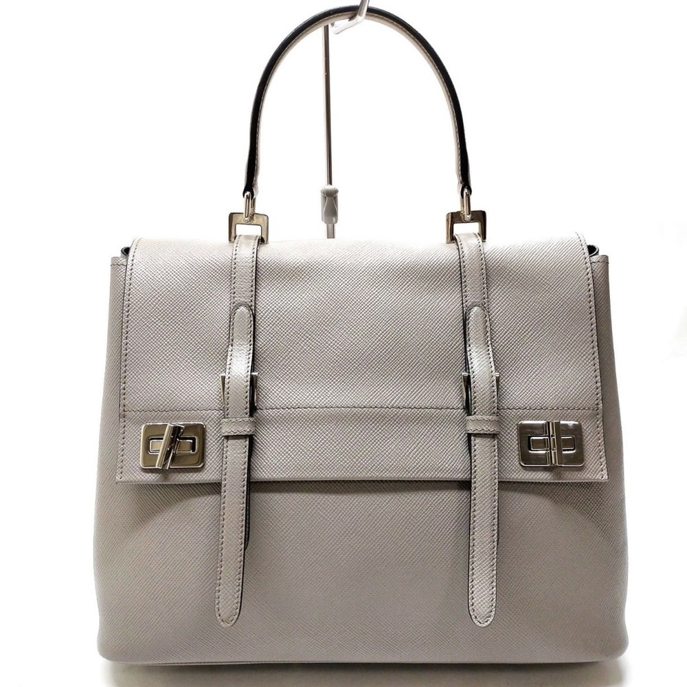 Prada Twin Saffiano Taupe Double TurnLock Satchel Tote Handbag Top Handle Cuir